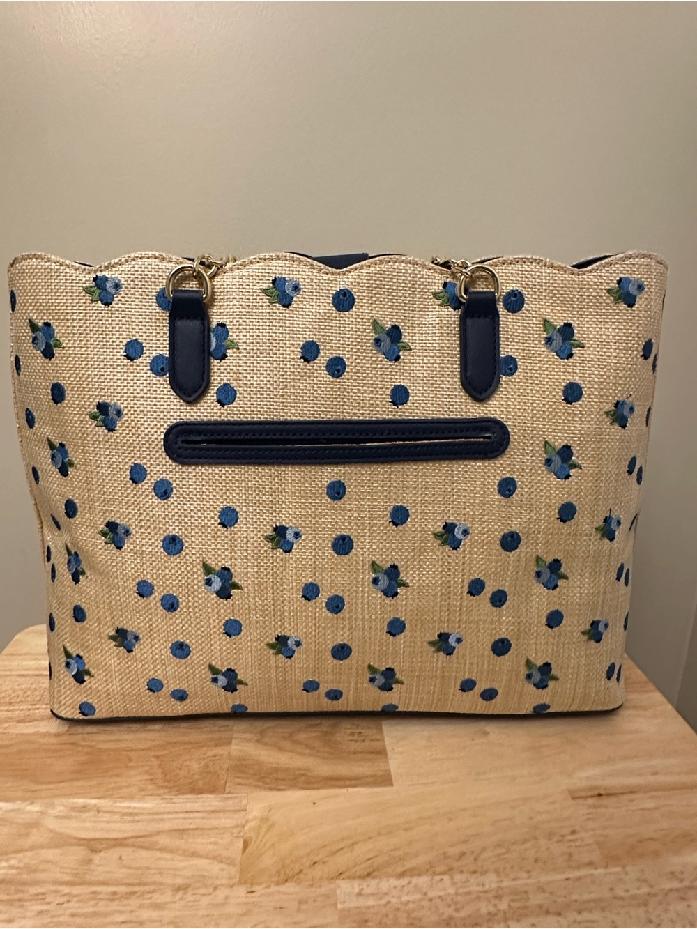 Betsey Johnson Tan Tote with Blue Floral Dots Design & Blue Pom Charm & Scarf - Picture 11 of 16